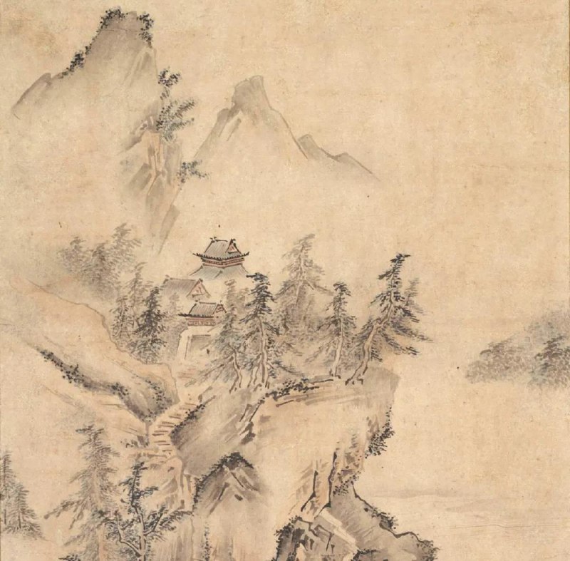 明 佚名《山寺问道图》《山寺》杜甫野寺残僧少，山园细路高